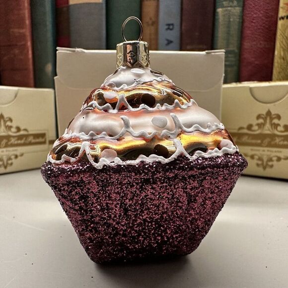 Vintage Christmas Cupcake Glass Ornament Vintage Cupcake Glitter Mini Glass Tree - Picture 1 of 8